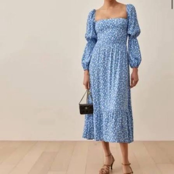 Reformation Blue Floral Puff-Sleeve Square-Neck Maxi Dress - Picture 2 of 7